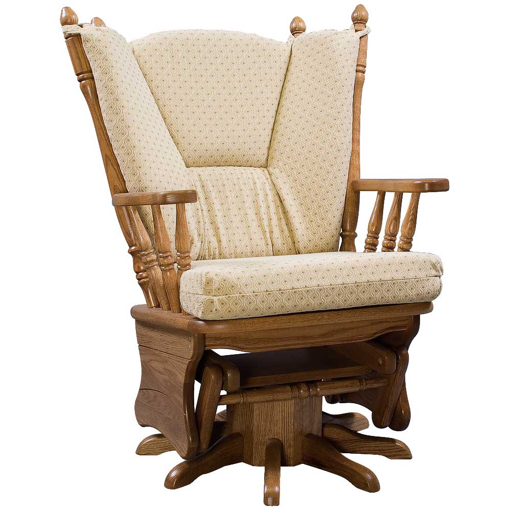 Oak glider rocker with low back cushions in a tan and green diamond medallion tapestry fabric