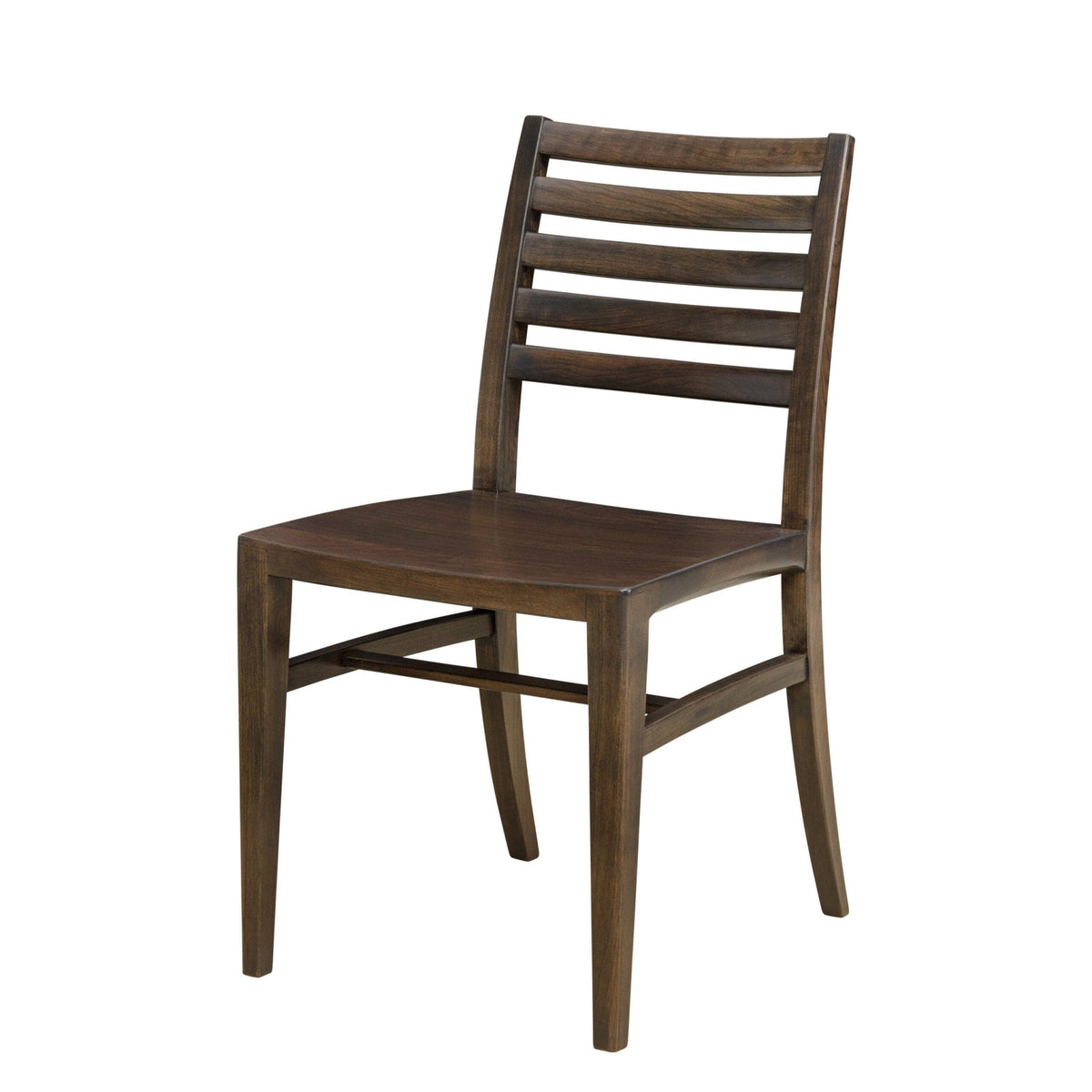 Mid century dining chair in a dark brown walnut finish with five slats and a saddle shaped wood seat