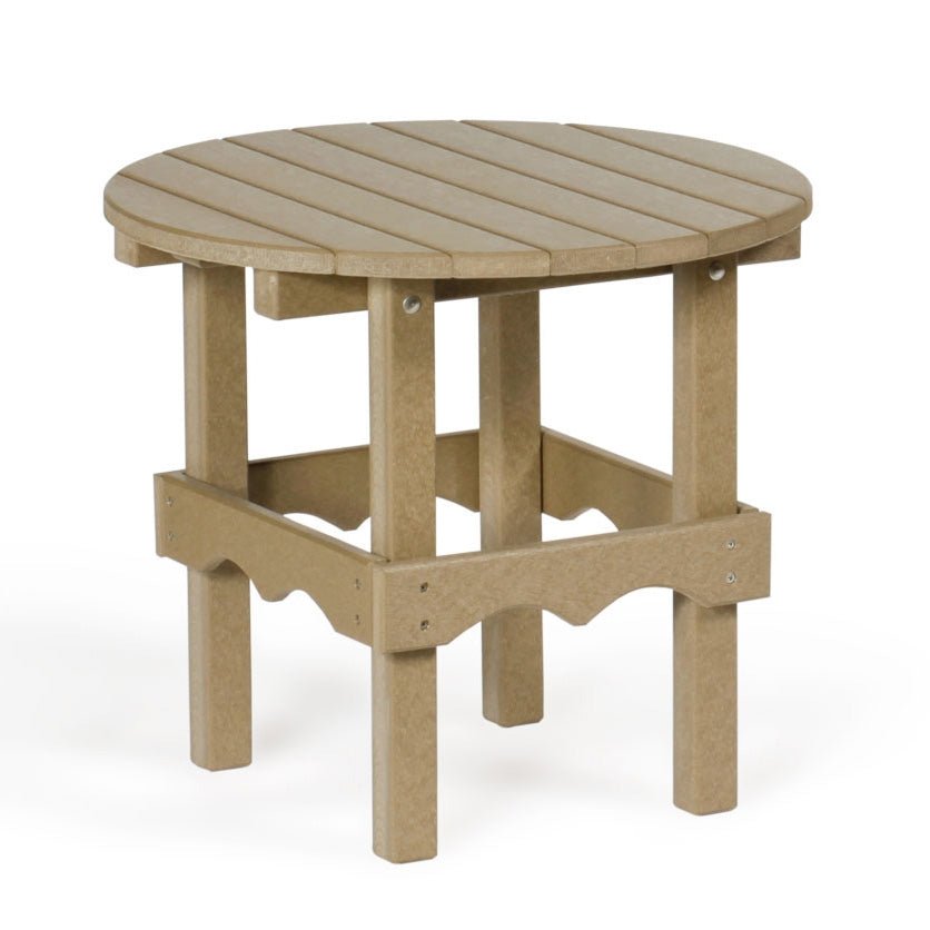 Weathered wood poly round side table with slatted top, scalloped apron and four square legs on a white background