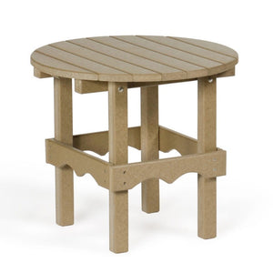 Weathered wood poly round side table with slatted top, scalloped apron and four square legs on a white background
