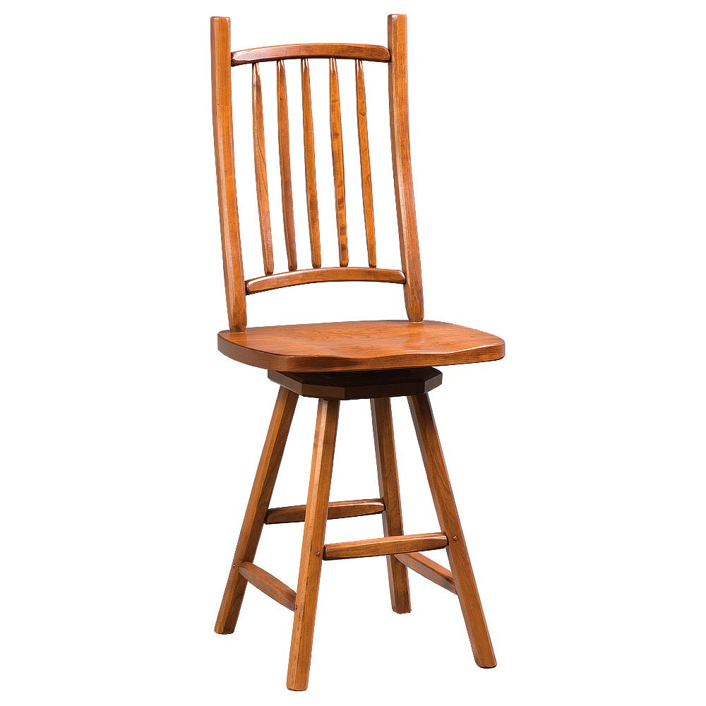 Swivel bar stool in a rustic cherry finish with a tall slat back, shaped wood seat and splayed legs