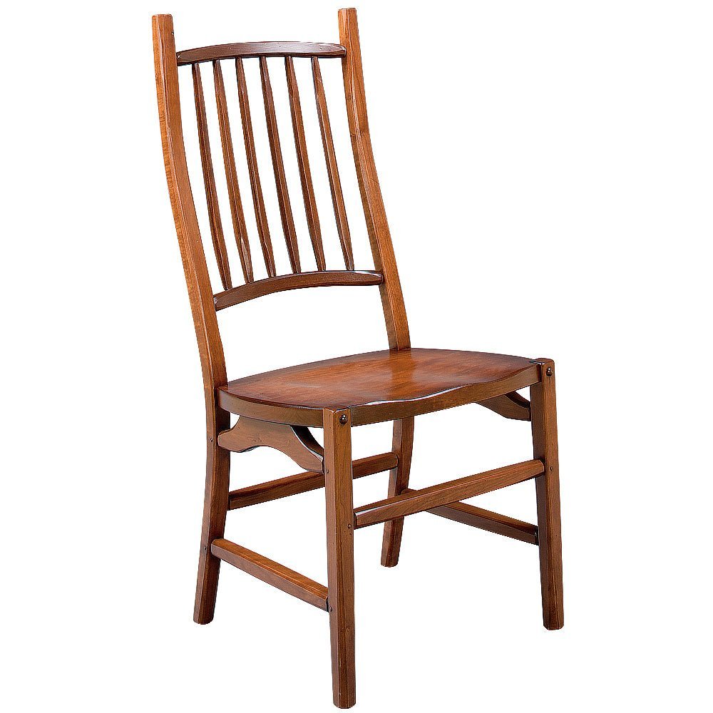 Rustic cherry dining chair with tall flared back posts, five flat slats and a scooped solid seat