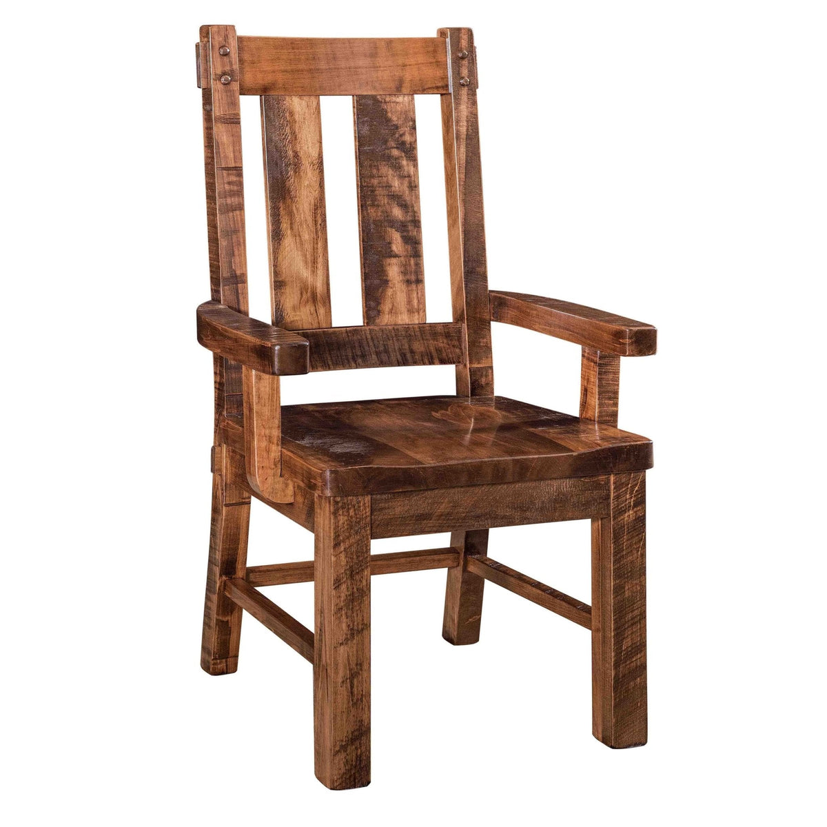 Rough sawn rustic dining arm chair in a warm brown finish with wide back slats, chunky square legs and thick plank seat on white