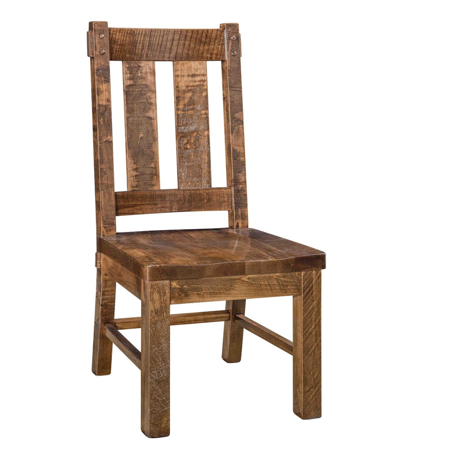 Rough sawn rustic dining chair in a warm brown finish with two wide back slats, metal strap accents and plank seat on white