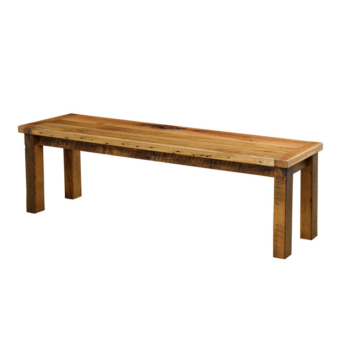 Reclaimed barnwood dining bench with a honey toned plank seat, breadboard ends and chunky rough sawn square legs