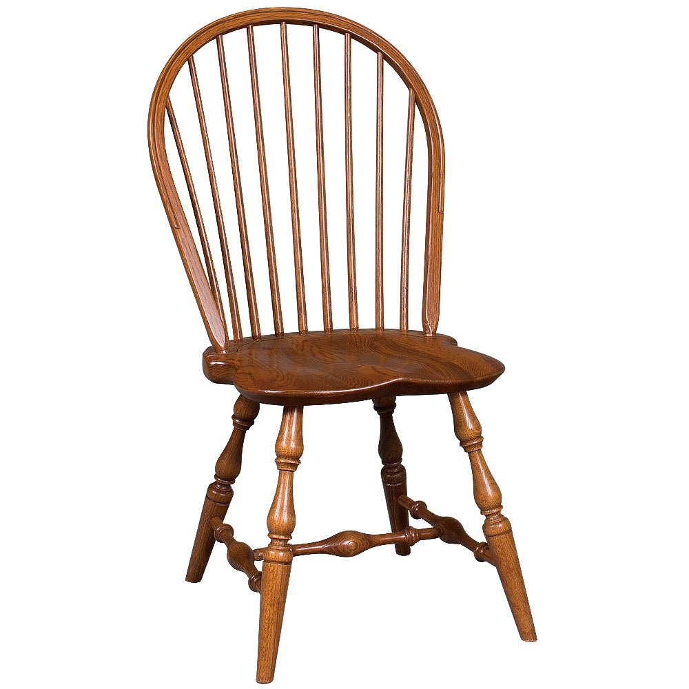 Oak Windsor side chair with tall bow spindle back, contoured saddle seat and turned splayed legs joined by a stretcher