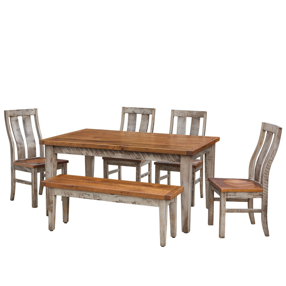 Dining set with a honey brown reclaimed wood table top, distressed white legs, four curved slat back chairs and a bench