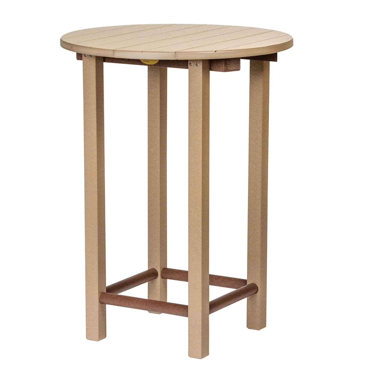 Round counter height poly bistro table in weathered wood with cherry stretcher bars and four square legs