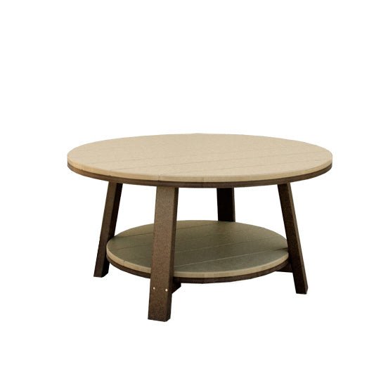 Weatherwood and brown poly round patio coffee table with plank top, splayed legs and lower storage shelf