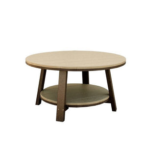 Weatherwood and brown poly round patio coffee table with plank top, splayed legs and lower storage shelf