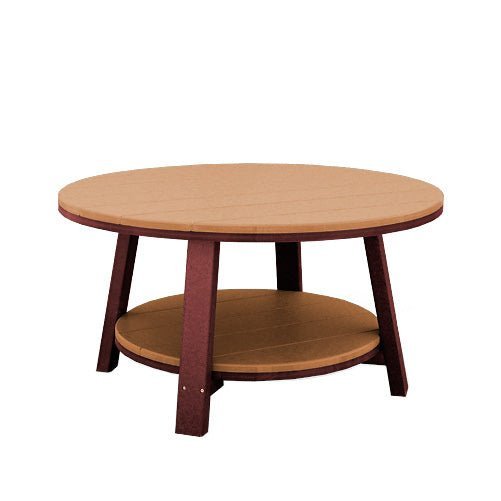 Round cedar and cherrywood poly patio coffee table with angled legs and a round lower shelf on a white background