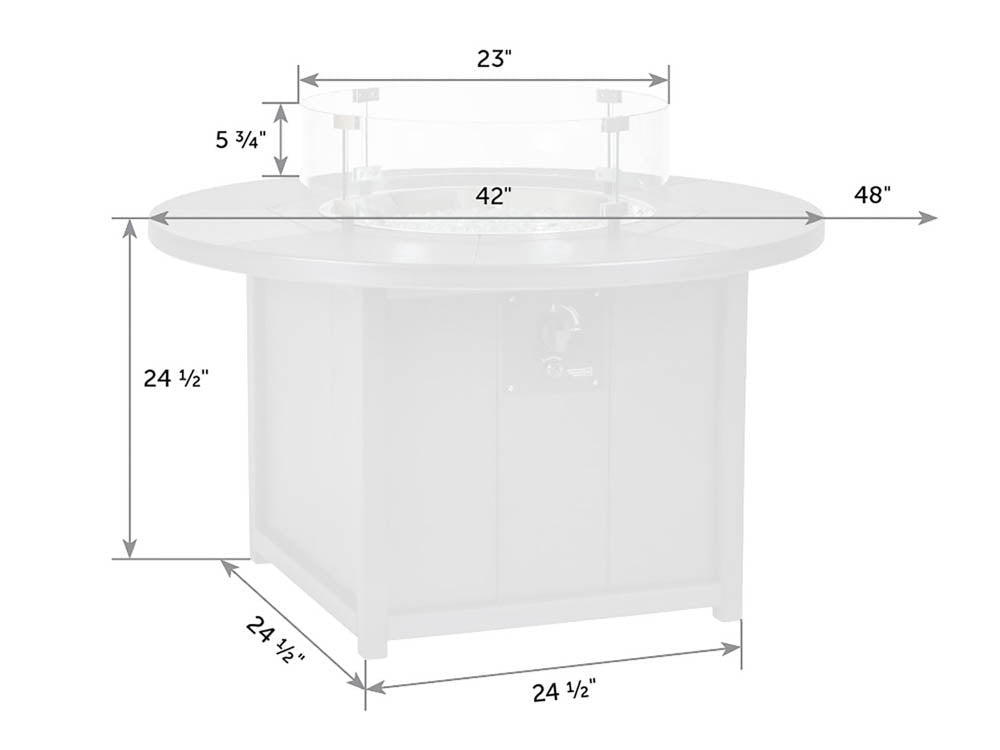 Dimension diagram of the round fire pit table: 48 inch top, 42 inch inner ring, 24.5 inch height and 23 inch wind guard