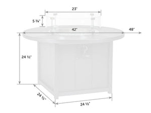 Dimension diagram of the round fire pit table: 48 inch top, 42 inch inner ring, 24.5 inch height and 23 inch wind guard