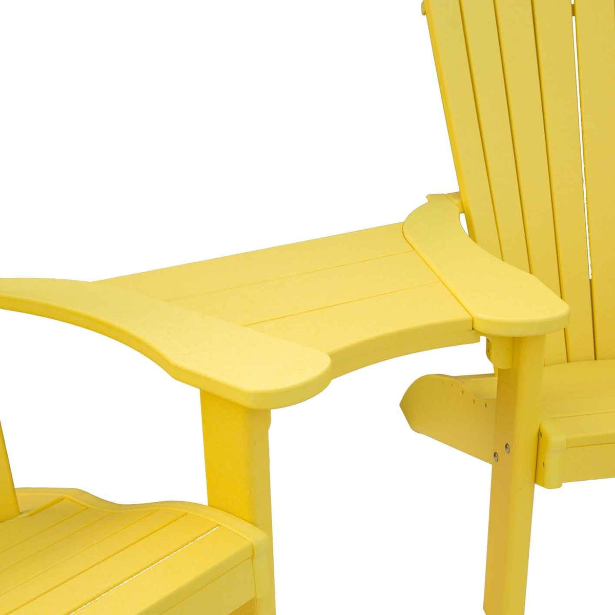 Detail of a yellow poly Adirondack settee showing the shaped connecting table bolted between two fanned-back chairs
