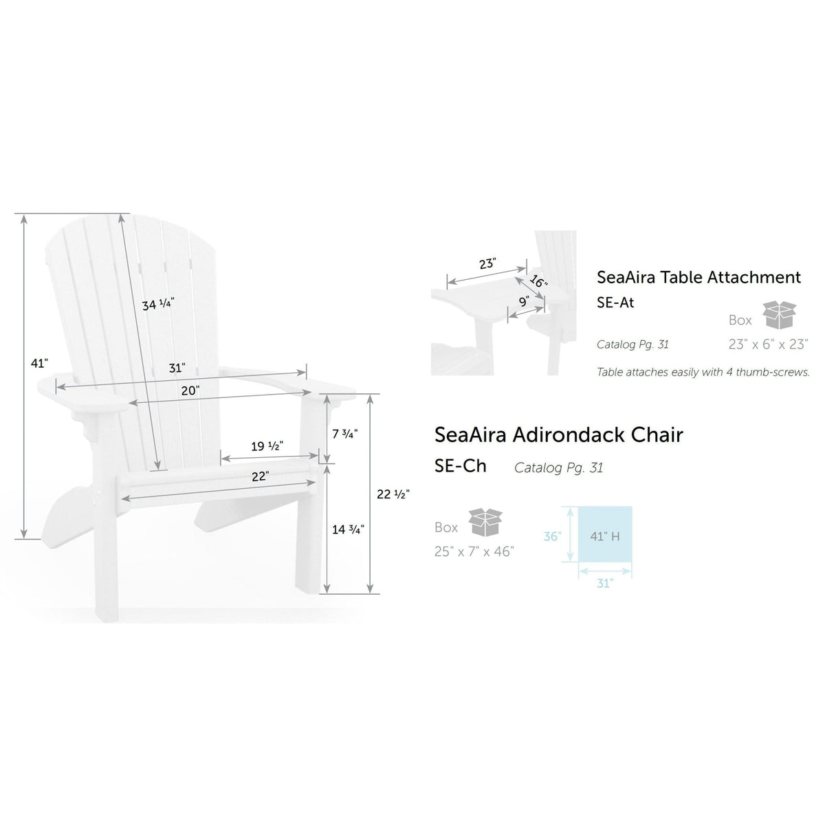 Dimension diagram of the Adirondack settee: 41 inch chair height, 22 inch seat, 31 inch width and 23 inch table attachment