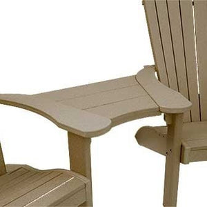 Close-up of the curved tan poly table attachment linking two Adirondack chair arms into a settee