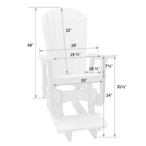 Dimension diagram of the counter height Adirondack glider: 48 inch overall height, 24 inch seat and 20 inch seat width