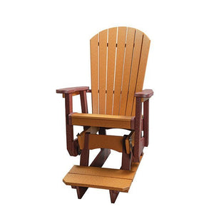 Cedar and cherrywood poly Adirondack swivel glider chair with fanned back, contrasting arms and a wide footrest