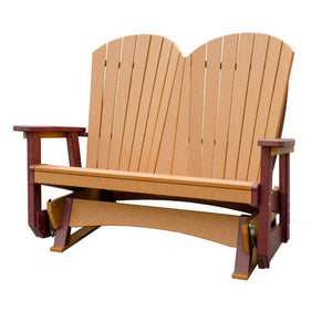 Amish-made poly patio glider bench in cedar tan with cherry brown frame, fan back slats and smooth gliding base