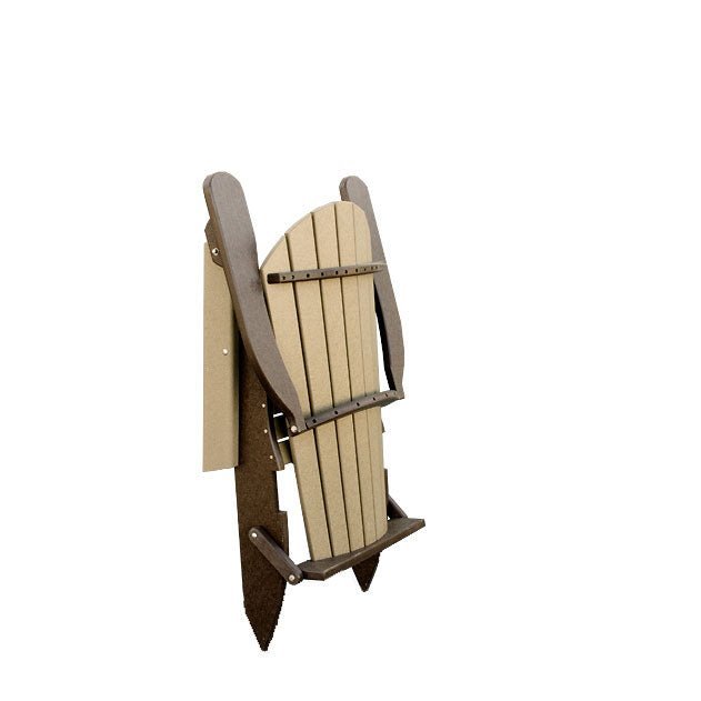 Weathered wood and brown folding Adirondack chair collapsed flat, shown upright on a white background