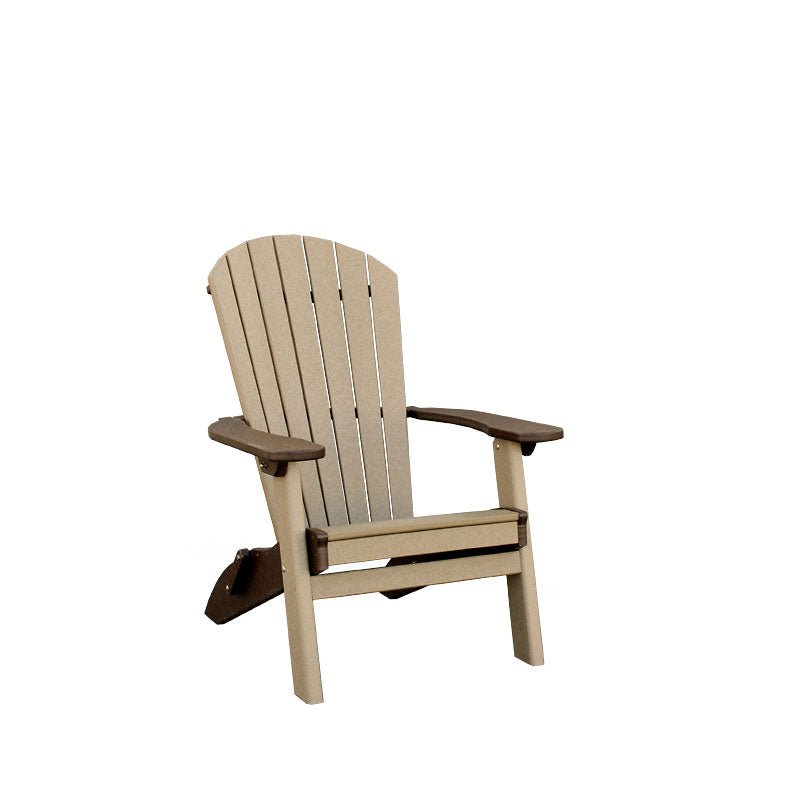 Weatherwood poly folding Adirondack chair with brown arms, fanned slat back and contoured seat on white