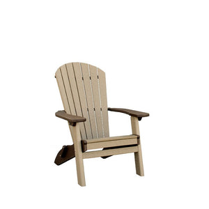Weatherwood poly folding Adirondack chair with brown arms, fanned slat back and contoured seat on white