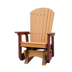 Cedar and cherrywood poly Adirondack glider chair with contrasting arms and glider base on a white background
