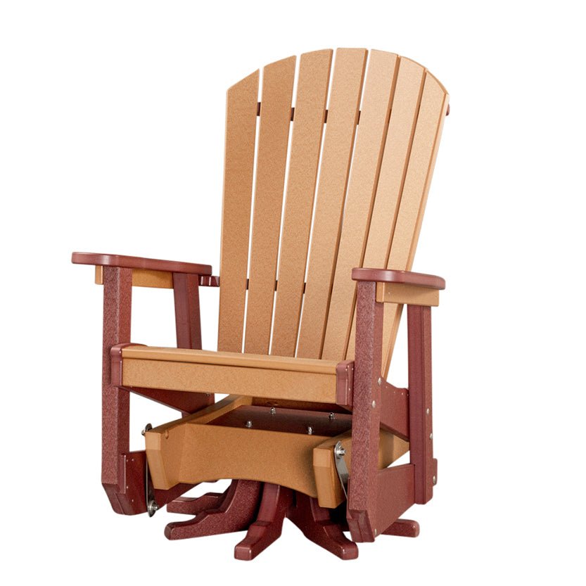 Cedar and cherrywood poly Adirondack glider chair viewed from the side showing the glider mechanism and wide arms