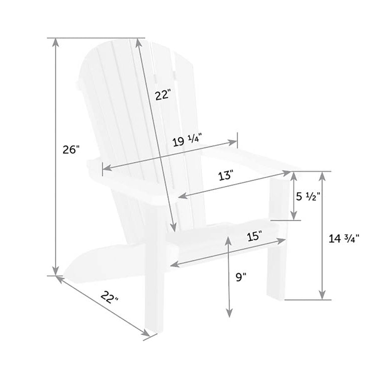 Dimension diagram of the child size Adirondack chair: 26 inch height, 22 inch back, 15 inch seat and 9 inch seat height