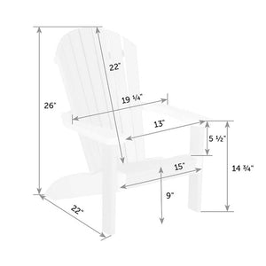 Dimension diagram of the child size Adirondack chair: 26 inch height, 22 inch back, 15 inch seat and 9 inch seat height