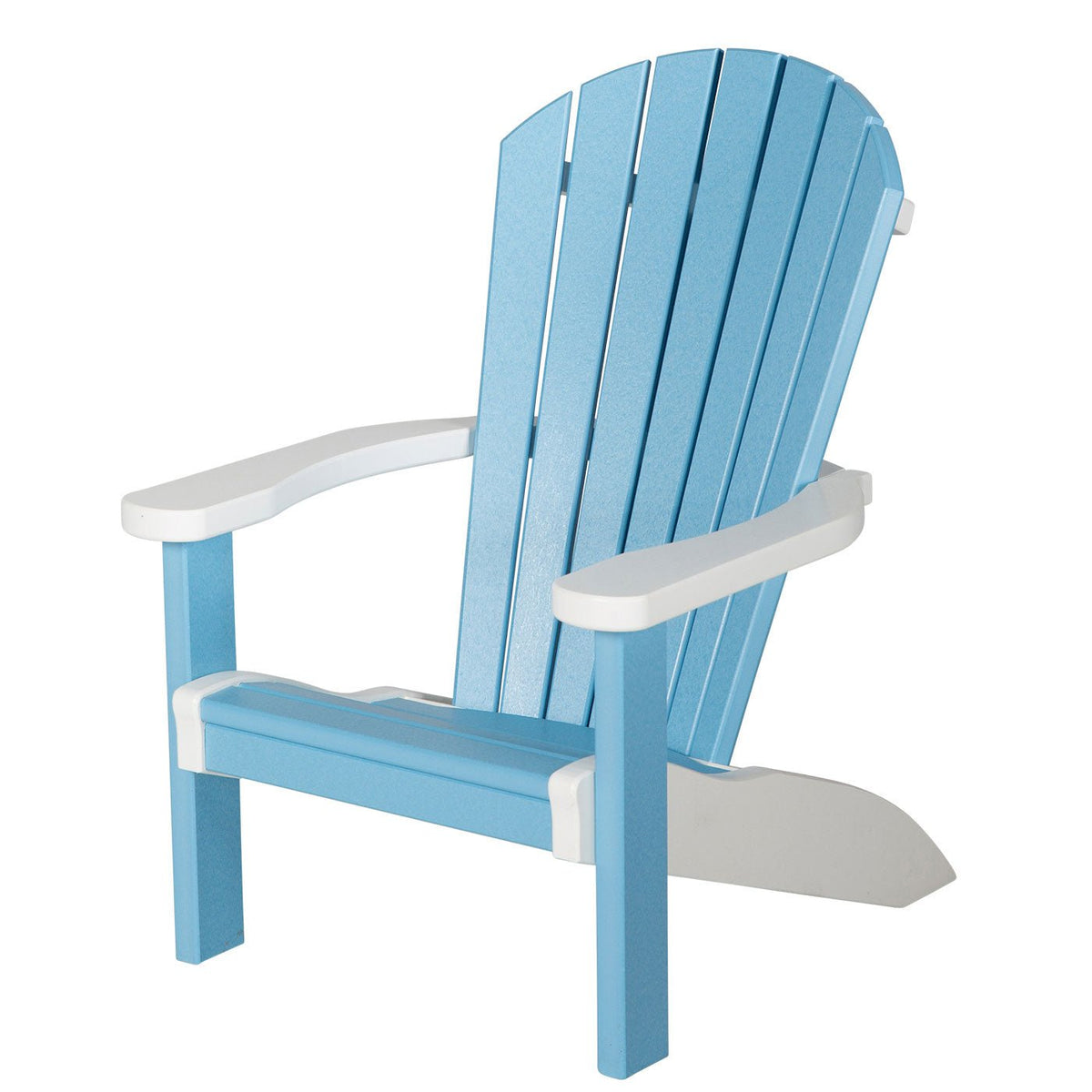 Child size poly Adirondack chair in light blue with white arms, seat trim and fanned slat back on a white background