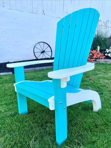 Aruba blue and white tall perch Adirondack chair with fanned back and curved white front skirt on a green lawn