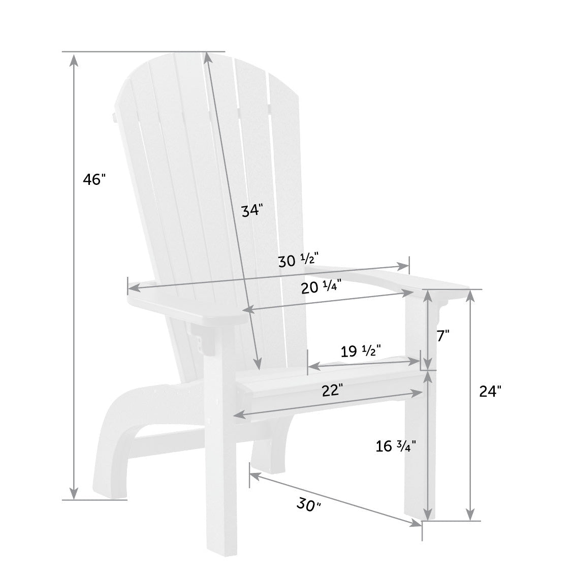 Dimension diagram of the perch Adirondack chair: 46 inch height, 34 inch back, 24 inch seat height and 22 inch seat