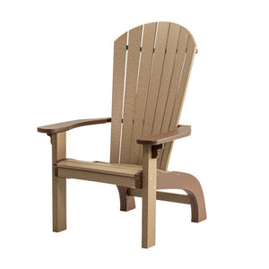 Weathered wood and brown poly Grandpa perch Adirondack chair with tall fan back, curved skirt and flat arms