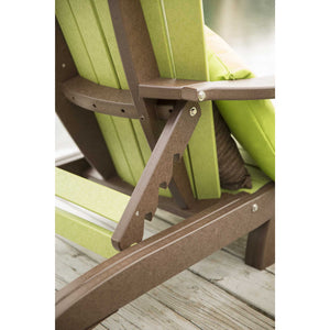 Detail of the notched brown recline arm and stainless bolts on a lime green poly chaise lounge on a dock