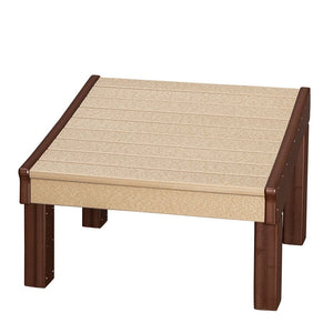 Square poly patio ottoman with a weathered wood slatted top and brown legs and trim on a white background