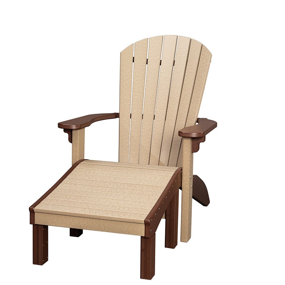 Weatherwood and brown poly Adirondack chair paired with its matching square footrest ottoman on white