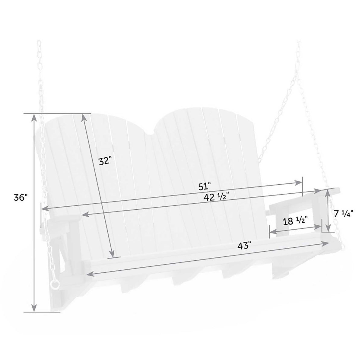 Dimension diagram of the Adirondack porch swing: 51 inch width, 43 inch seat, 36 inch height and 32 inch back