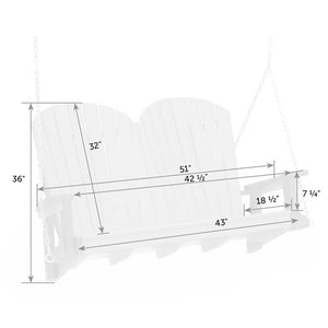 Dimension diagram of the Adirondack porch swing: 51 inch width, 43 inch seat, 36 inch height and 32 inch back