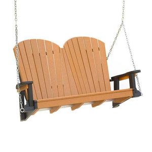 Cedar and black poly Adirondack porch swing suspended on chains with a fanned double back and flat arms
