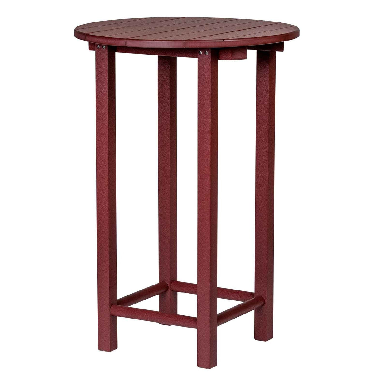 Cherrywood poly round bar height side table with slatted top, four square legs and lower stretcher bars