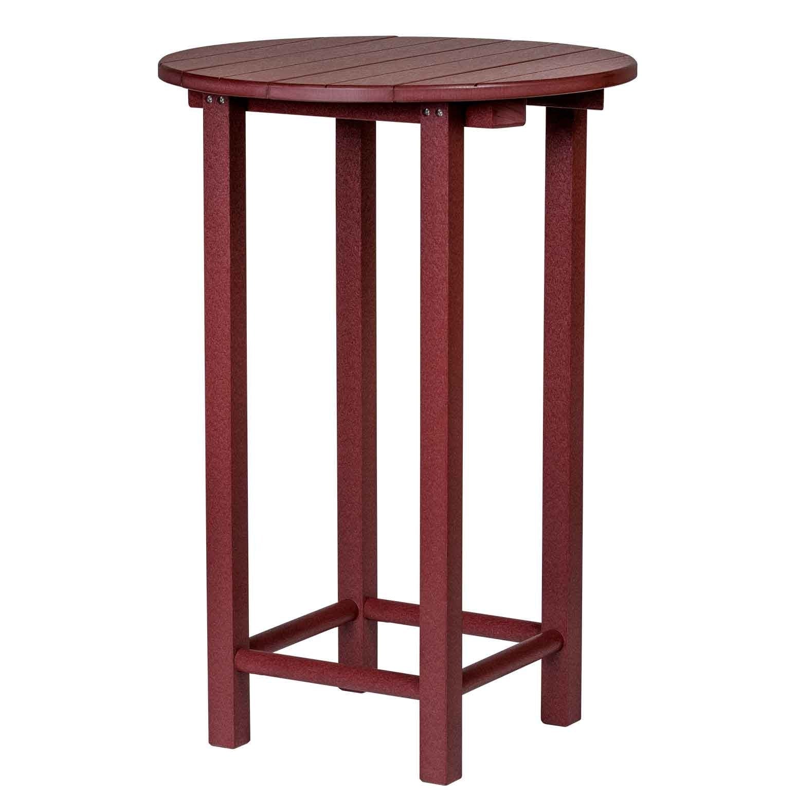 Cherrywood poly round bar height side table with slatted top, four square legs and lower stretcher bars