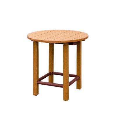 Cedar poly round side table with cherry lower stretchers and a plank top, shown on a white background