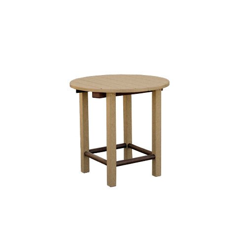 Round cedar poly side table with brown stretcher bars and four tapered legs on a white background