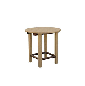 Round cedar poly side table with brown stretcher bars and four tapered legs on a white background