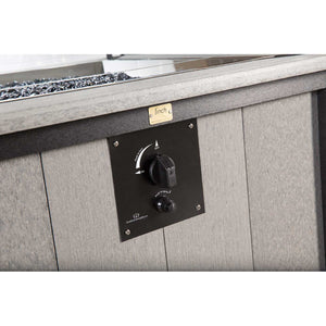 Control panel with push-to-turn knob and igniter mounted on the driftwood gray side of a poly fire pit table