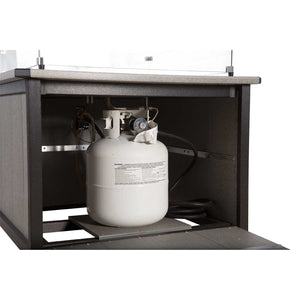 Interior cabinet view of a poly fire pit table with a propane tank strapped on its tray beside coiled hose