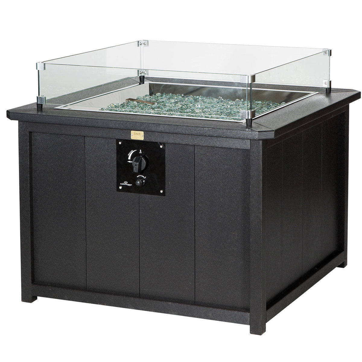 Black square poly fire pit table with paneled sides, gas control panel and clear glass wind guard over fire glass