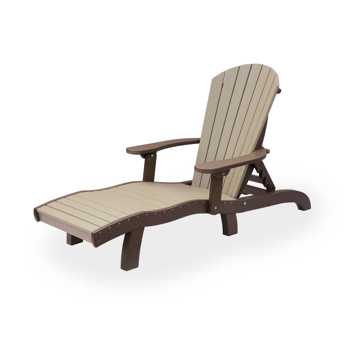 Weatherwood and brown poly chaise lounge with an adjustable fan back, curved seat and wide flat arms on white