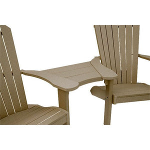 Weatherwood poly table attachment mounted between two Adirondack chair arms, shown on a white background
